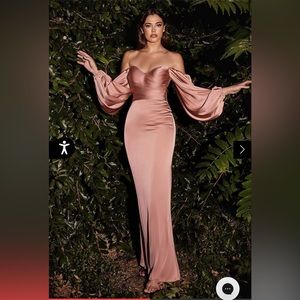 Off-shoulder rose gold satin gown, plus size 24